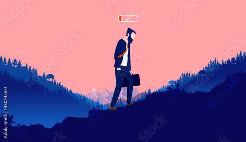 Burnout - Exhausted person walking up hill outdoors with low battery over head. Feeling down, depressed, overworked and low energy. Depression concept, vector illustration.