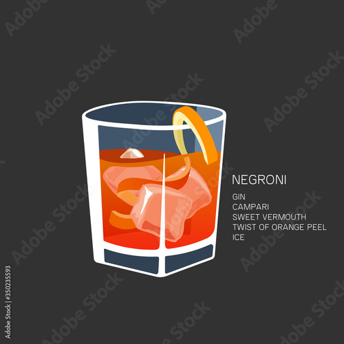 Obraz na płótnie Negroni alcoholic cocktail vector illustration isolated black background