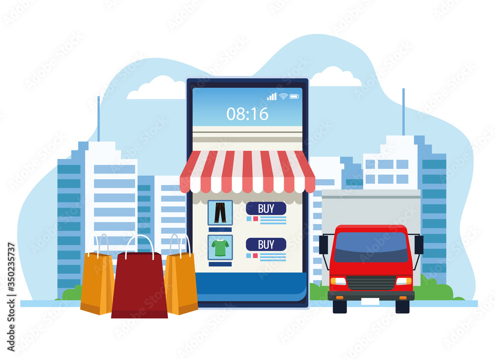 banner shopping online with smartphone and truck