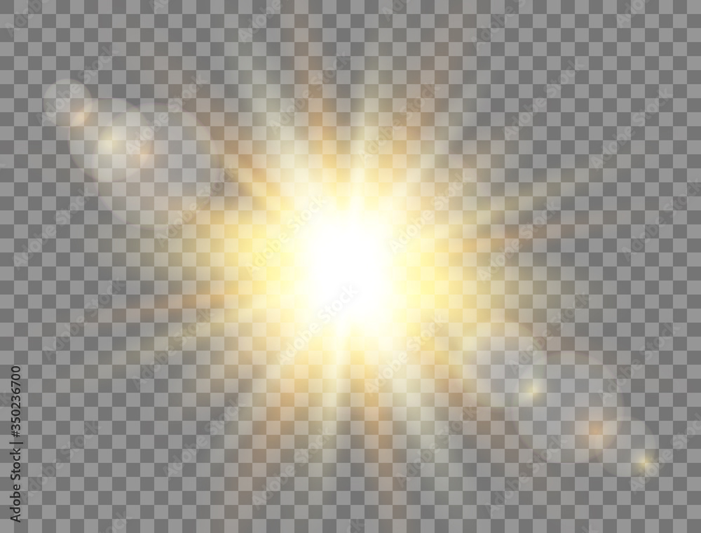Sunshine with rays on transparent background. Sun light. Golden glowing light  effect. Sunlight lens flash. Magic banner. Summer sunny backdrop. Vector  illustration Stock Vector | Adobe Stock