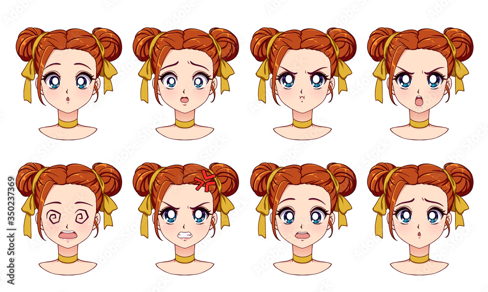 A Set Of Cute Anime Girl With Different Expressions Stock