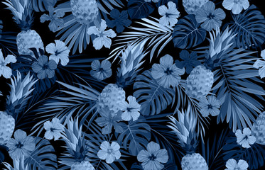 Keuken achterwand Ananas patronen Donker junglepatroon met palmbladeren  © Ms.Moloko