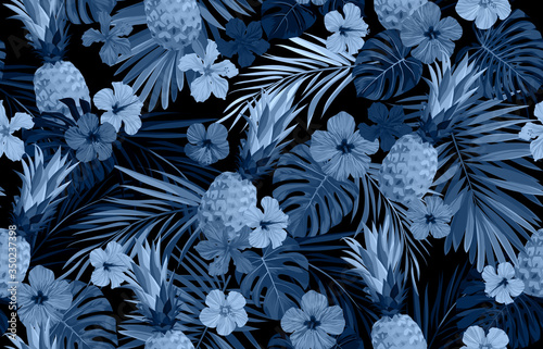 Fototapeta Seamless hand drawn tropical vector pattern with exotic palm leaves, hibiscus flowers, pineapples and various plants on dark background