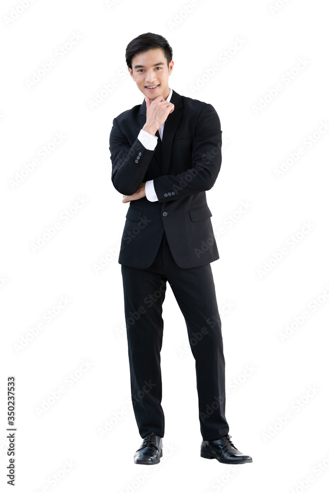 Portrait of business man, Asian young male in black suit smilling isolated on white background Portrait of business man, Asian young male in black suit smilling isolated on white background