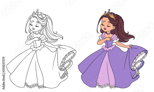 Beautiful little princess wearing long ball dress. Clo