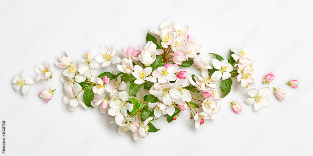 Blossom spring composition on white background. Beautiful pink bloom flowering bouquet, top view. Creative fashionable trendy flat lay. Springtime blooming concept.