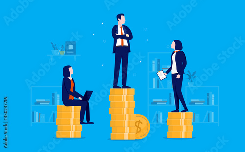 Unequal pay for equal work - Man earning more money than the women, standing on coin stack of different hight. Gender treatment, sexism, discrimination and inequality concept. Vector illustration.