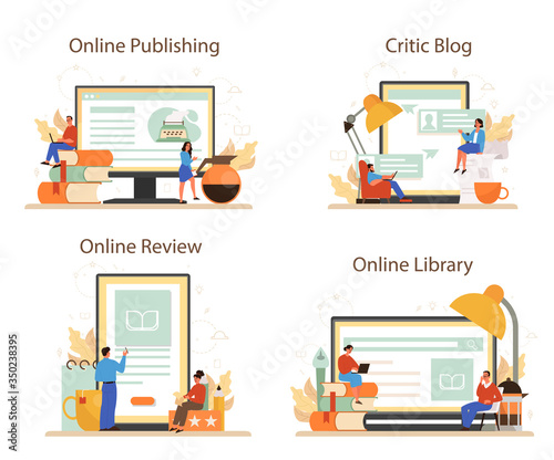 Professional critic online service or platform set. Journalist making