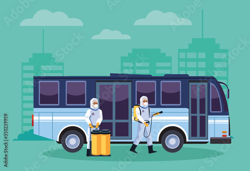 biosafety workers desinfect bus for covid19