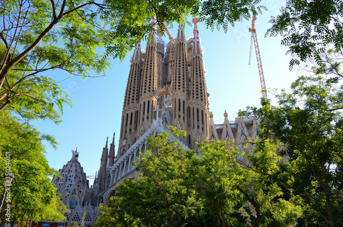 Building of Sagrada Familia of Barcelona, Spain on a Sunny Day