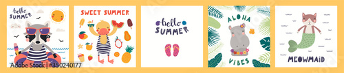 Collection of cards, posters with cute funny animals doing summer activities, text. Hand drawn vector illustration. Scandinavian style flat design. Concept for children holidays print, invite, banner.