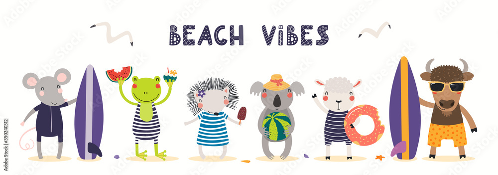 Hand drawn card, banner with cute animals in summer, text Beach Vibes. Vector illustration. Isolated on white. Scandinavian style flat design. Concept for kids holidays print, invite, poster. - obrazy, fototapety, plakaty 