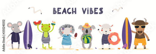 Hand drawn card, banner with cute animals in summer, text Beach Vibes. Vector illustration. Isolated on white. Scandinavian style flat design. Concept for kids holidays print, invite, poster.