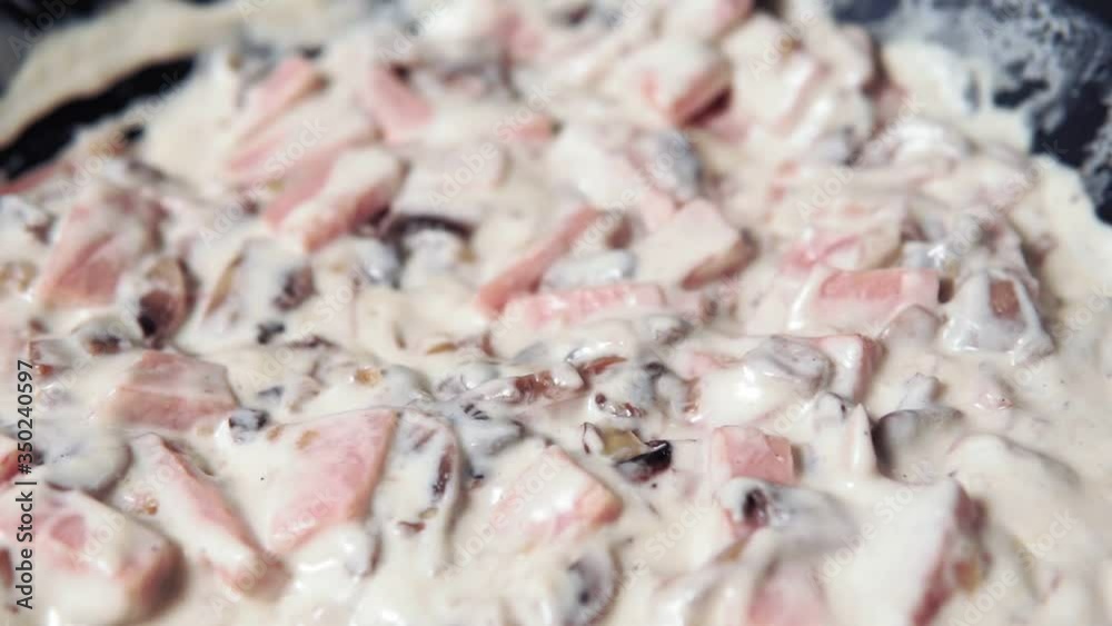 Cooking Carbonara with mushrooms and ham, cheese and cream sauce. Cooking Carbonara with mushrooms and ham, cheese and cream sauce.