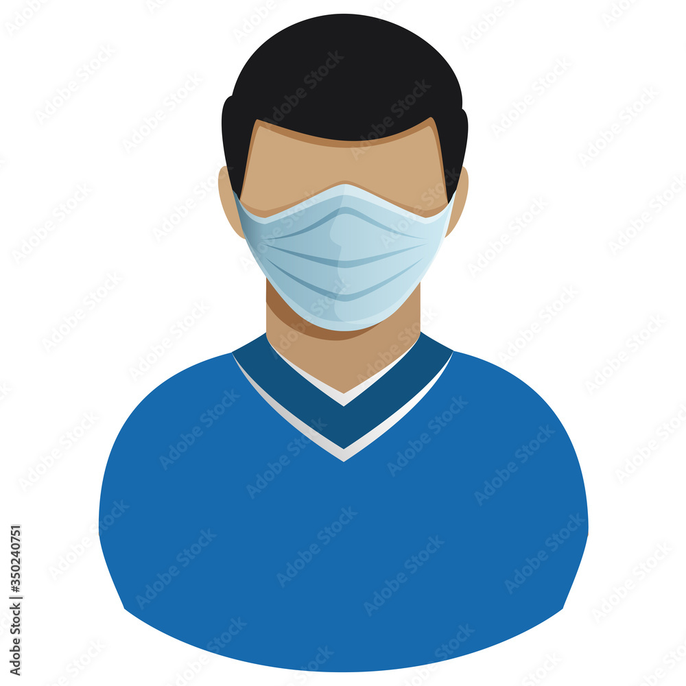Man brunet european in medical mask flat icon isolated on white background. Virus infection protection symbol.