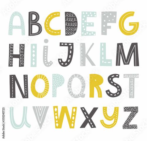 Scandinavian vector alphabet for kids. Hand drawn graphic letters. Funky font for posters, nursery, clothing. Vector illustration isolated on background.