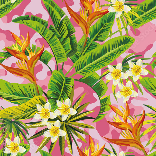 Tropical jungle pink camo background seamless