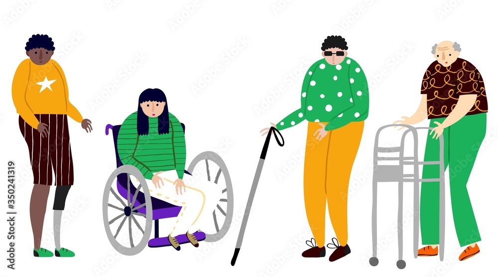 Collection set of people with physical disability isolated on white. Blindness, elderly senior with a walker, woman in wheelchair, prosthetic leg. Fun flat style drawing. Stock vector illustration.