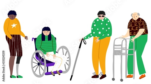 Collection set of people with physical disability isolated on white. Blindness, elderly senior with a walker, woman in wheelchair, prosthetic leg. Fun flat style drawing. Stock vector illustration.