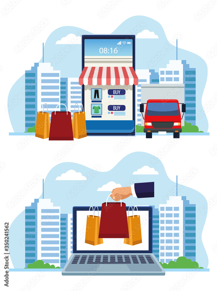 banner shopping online with smartphone and laptop