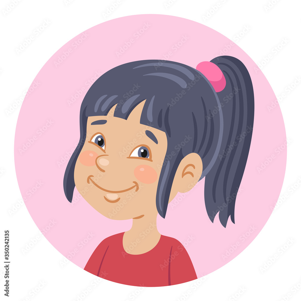 Portrait of a cute girl with black hair. Avatar icon in the circle. In cartoon style. Isolated on white background. Vector illustration.
