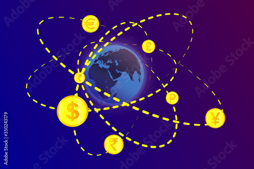 Currency exchange. Symbols of money, currencies of different countries of the world are located on arrows around the Earth