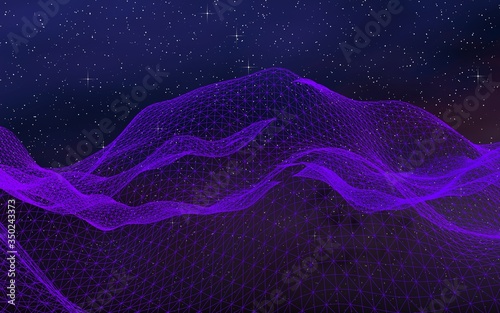 Abstract ultraviolet landscape on a dark background. Purple cyberspace grid. hi tech network. Outer space. Violet starry outer space texture. 3D illustration