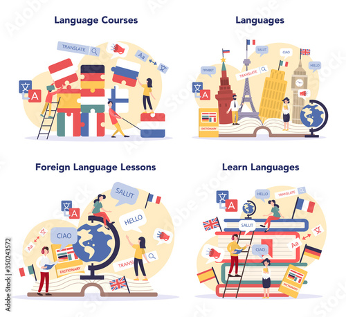 Language learning concept set. Study foreign languages with native