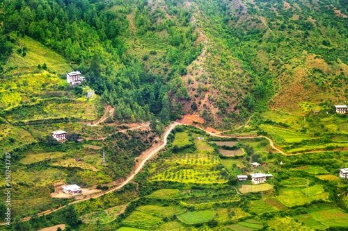 Developing area hill of Bhutan, view from above, bird eye view, top aerial view, Thimphu Bhutan