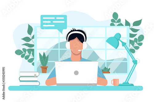 Vector concept of work and study at home, chat online support remotely. Isolated white background. The guy at the computer in the headphones. With flowers, books and a lamp. Flat style, pastel colors.