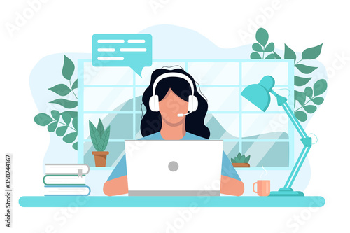 Vector concept of work and learning from home, chat online support remotely. Isolated white background. Girl at the computer in headphones. With flowers, books and a lamp. Flat style, pastel colors.