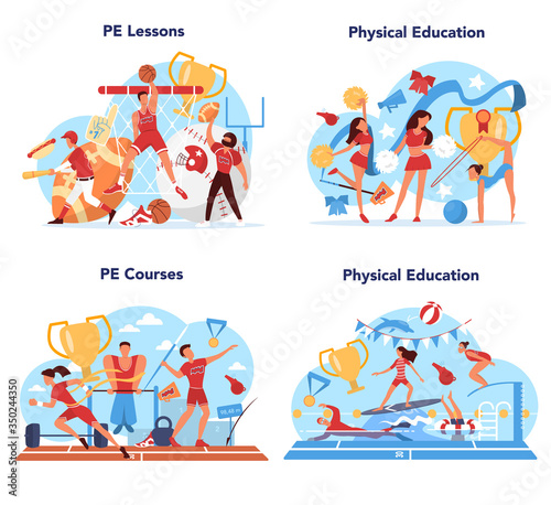 Physical education lesson school class concept set. Students doing