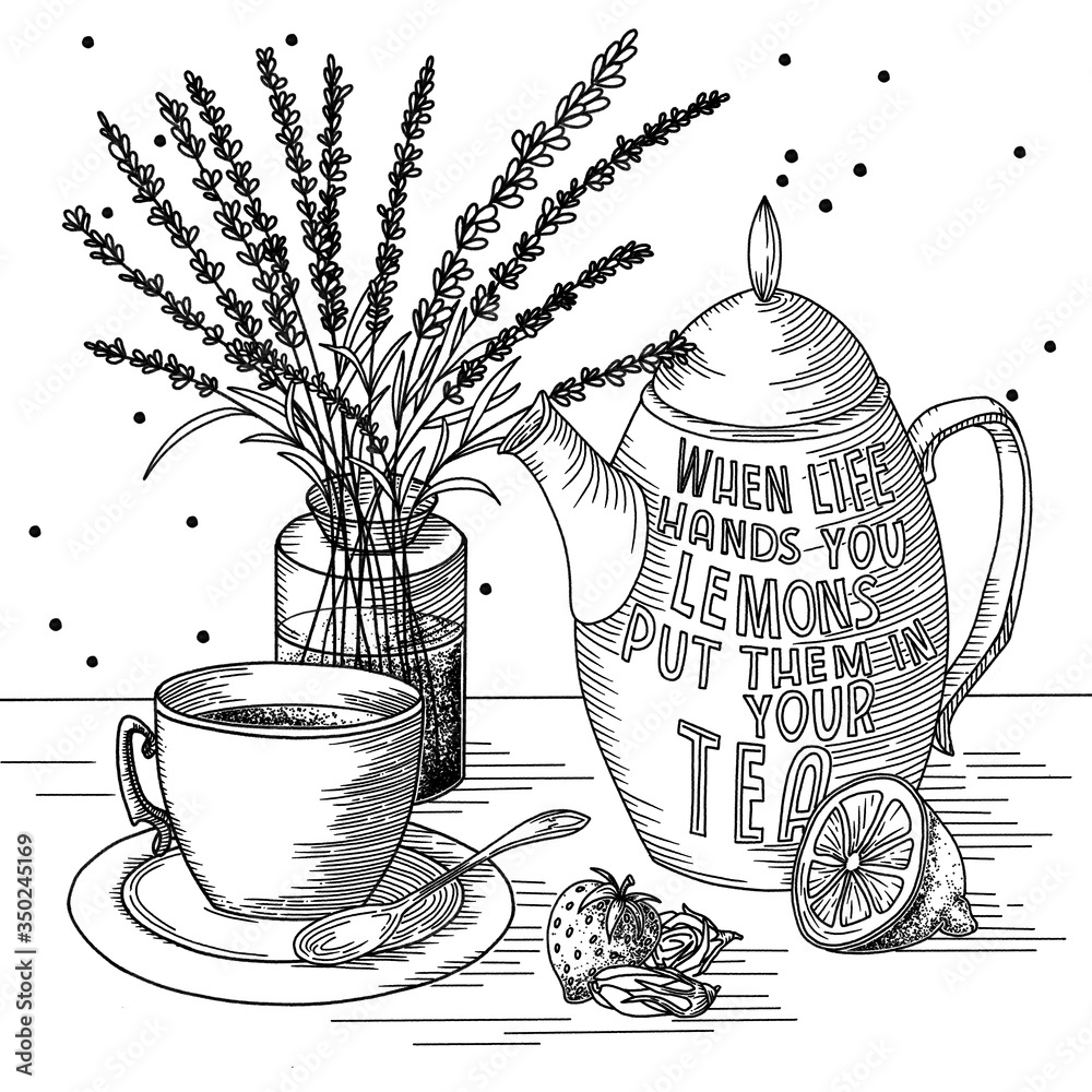 Line work. Herbal tea set. Tea cup, teapot with text and lavender in a  vase. Illustration Stock | Adobe Stock