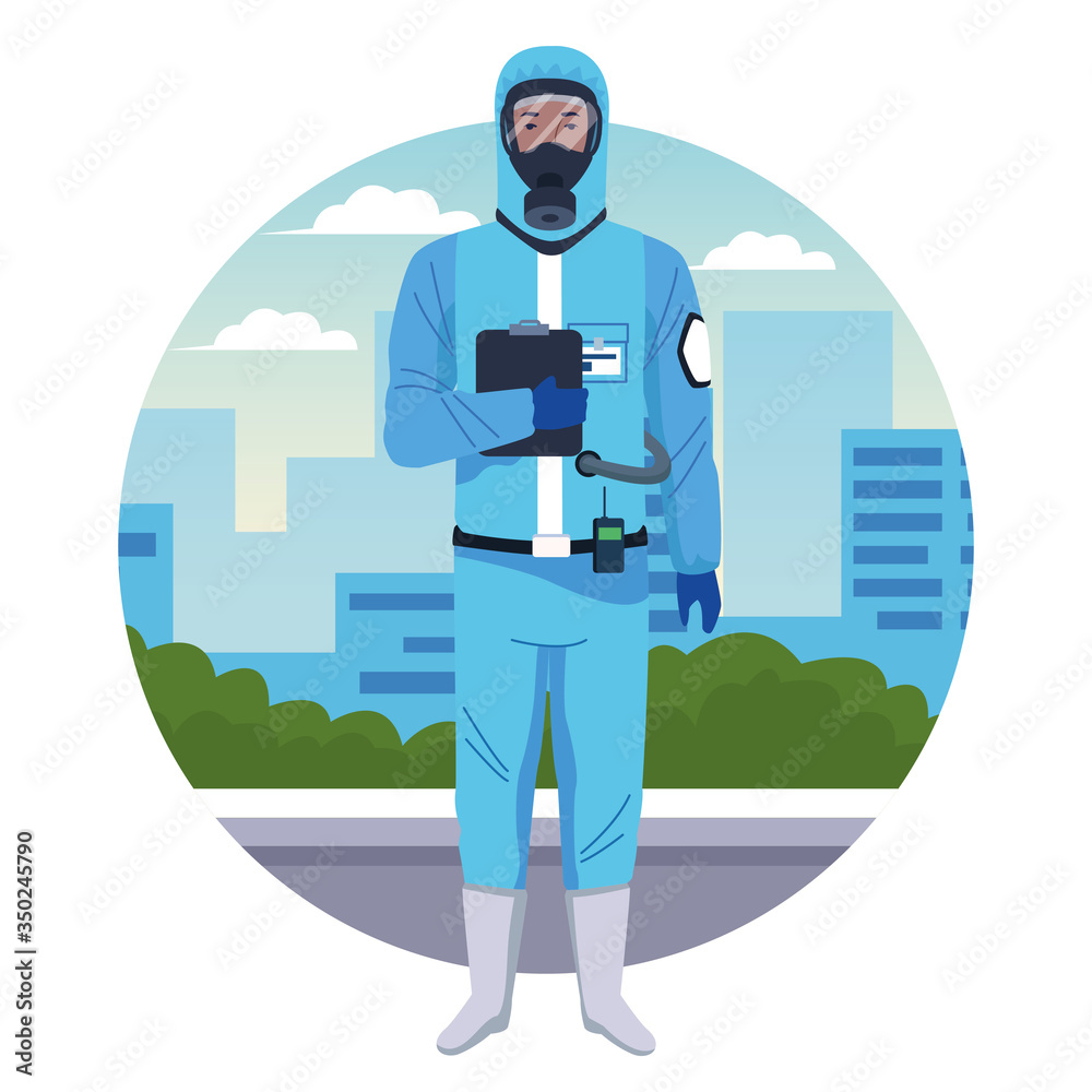 worker using blue protection virus suit character worker using blue protection virus suit character