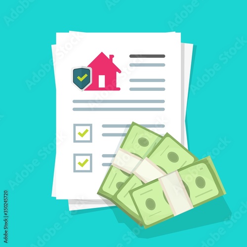 Home insurance policy and house protection contract or legal agreement checklist document with approved loan money vector, flat cartoon mortgage financial form, success real estate deal paper page