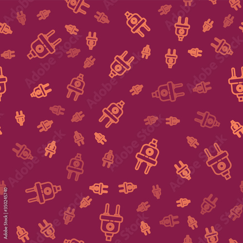 Brown line Electric plug icon isolated seamless pattern on red background. Concept of connection and disconnection of the electricity. Vector Illustration