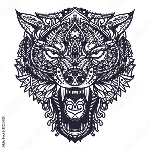 Hand drawn doodle zentangle wolf head illustration