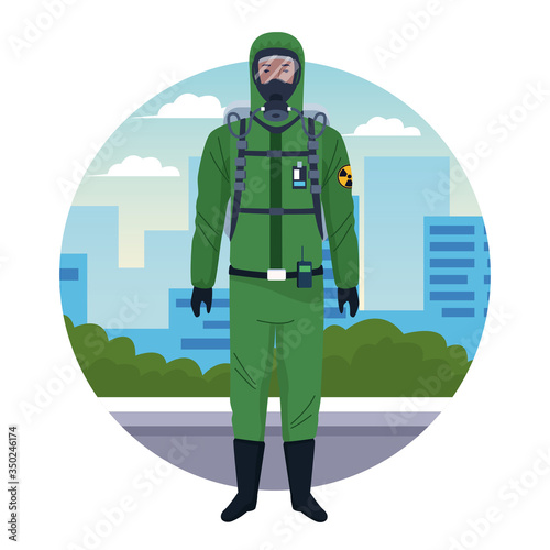 worker using green protection virus suit character