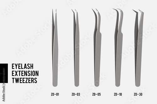 Tweezers for Eyelash extension. Set of Professional tools tweezers. Set of most popular steel tweezers isolated on white background photo