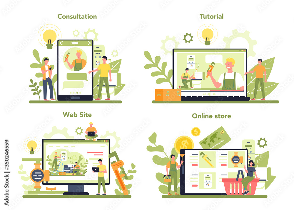Plumbing online service or platform on differernt device concept set. Plumbing online service or platform on differernt device concept set.