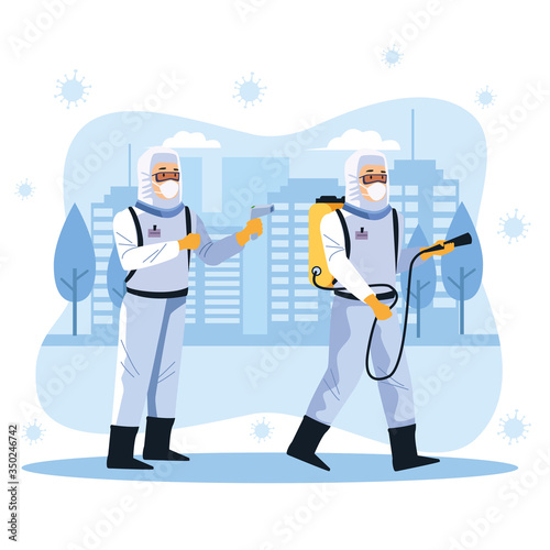 biosafety workers desinfect street for covid19