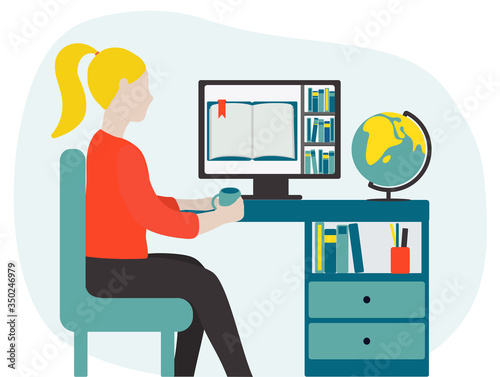 The girl is sitting at the table and reading a book on the computer. Remote work. Online education. Stay safe. Flat vector illustration