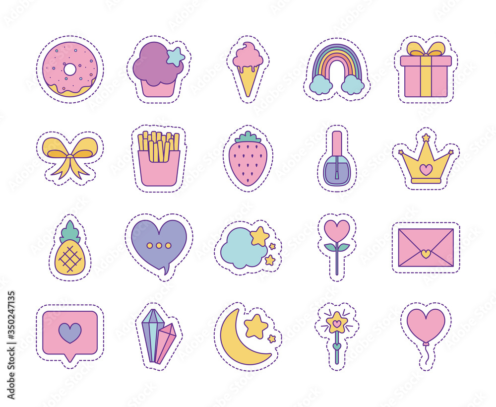 Cute patches line and fill style icon set vector design Cute patches line and fill style icon set vector design