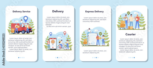 Delivery service mobile application banner set. Courier in uniform