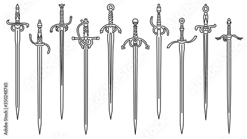 Set of simple vector images of rapiers and epees drawn in art line style.