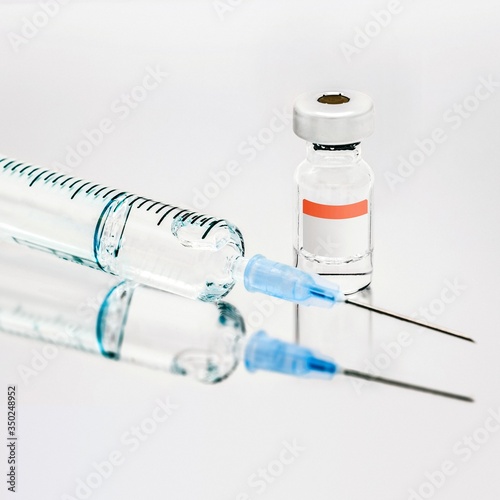Medicine with injection syringe. Coronavirus vaccine with syringe, 3d illustration
