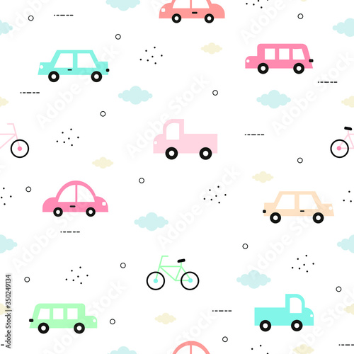 Seamless pattern Vintage car and bicycle and with cloud on a white background Cute design in cartoon style Used for fabric, textile, fashion, gift wrap, vector illustration