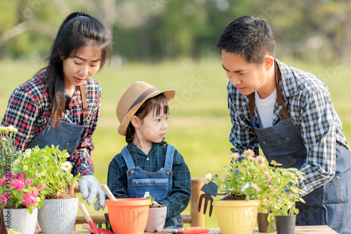 Family child girl helping parent care plant flower in garden. Young people mom father and daughter gardening outdoor background Stay at home. Happy and enjoy in spring and summer day.  Family Concept