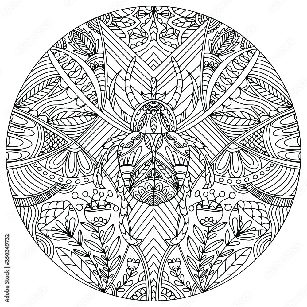 custom made wallpaper toronto digitalhand drawn mandala decorated with plants and insect in the middle for coloring, isolated, vector, coloring book,