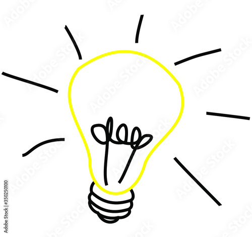 Simple doodle of a light bulb, symbol of an idea. Yellow frame shines on a white background. Light bulb vector drawing. Vector of sudden idea, inspiration, insight. Illustration of the emergence of an